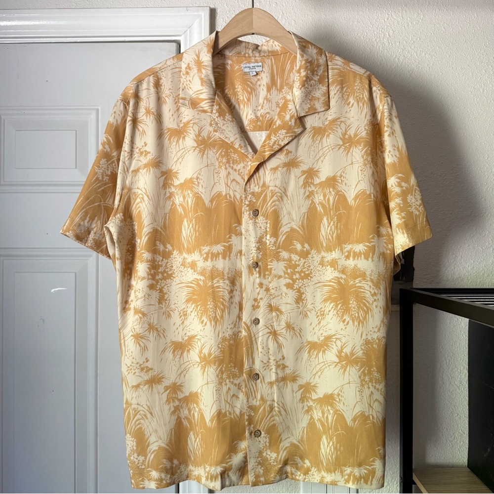 Local Pattern Studio men’s mustard cream tropical Hawaiian print button up shirt